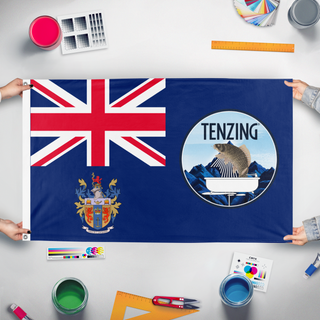 A mockup of the custom flag 'Greater Brotherhood flag' held up on a table during print checking