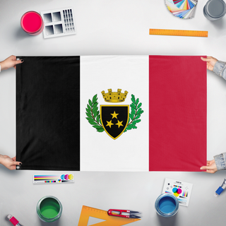 A mockup of the custom flag 'Tricolor City-State flag' held up on a table during print checking
