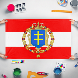 A mockup of the custom flag 'Intermariun flag' held up on a table during print checking