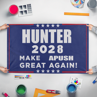 A mockup of the custom flag 'Hunter 2028 flag' held up on a table during print checking