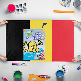 A mockup of the custom flag 'Ocean flag' held up on a table during print checking