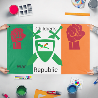 A mockup of the custom flag 'Children's Republic War flag' held up on a table during print checking