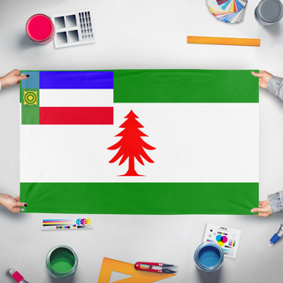 A mockup of the custom flag 'Bloss flag' held up on a table during print checking