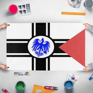 A mockup of the custom flag 'No RO flag' held up on a table during print checking