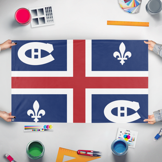 A mockup of the custom flag 'Montreal Canadian  flag' held up on a table during print checking