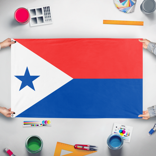 A mockup of the custom flag 'The Republic of Rervas flag' held up on a table during print checking