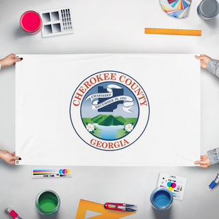 A mockup of the custom flag 'Cherokee County, GA flag' held up on a table during print checking
