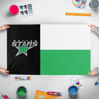 A mockup of the custom flag 'dallas stars flag' held up on a table during print checking