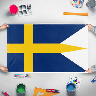 A mockup of the custom flag 'swedish flag' held up on a table during print checking