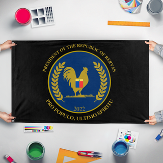 A mockup of the custom flag 'POTROR flag' held up on a table during print checking