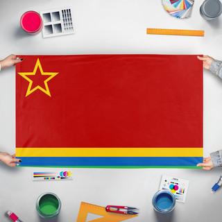 A mockup of the custom flag 'The noobic union flag' held up on a table during print checking
