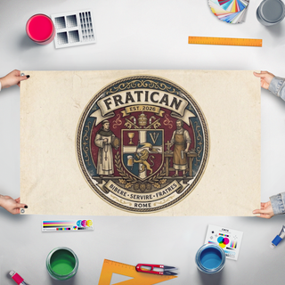 A mockup of the custom flag 'Fratican flag' held up on a table during print checking