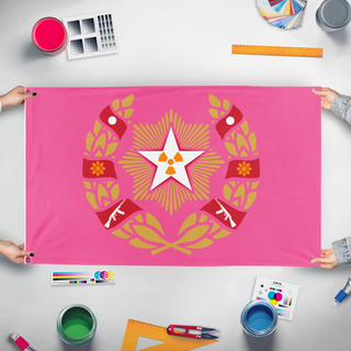 A mockup of the custom flag 'Thempirial Pookienian flag' held up on a table during print checking