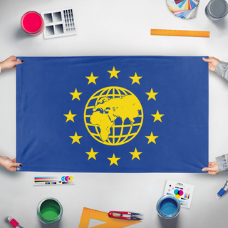A mockup of the custom flag 'World Government flag' held up on a table during print checking