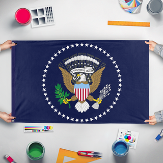 A mockup of the custom flag 'Union of America flag' held up on a table during print checking