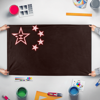 A mockup of the custom flag 'Loji China flag' held up on a table during print checking