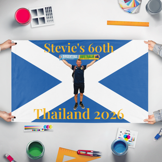 A mockup of the custom flag 'Stevie's 60th flag' held up on a table during print checking
