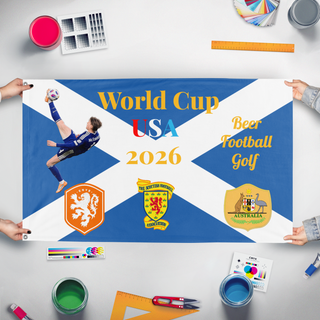 A mockup of the custom flag 'World Cup 2026 flag' held up on a table during print checking