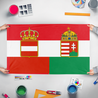 A mockup of the custom flag 'Austria Hungary Civil Ensign flag' held up on a table during print checking