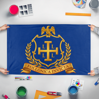 A mockup of the custom flag 'dddd flag' held up on a table during print checking