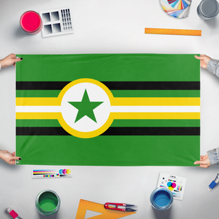 A mockup of the custom flag 'State of Jefferson flag' held up on a table during print checking