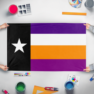 A mockup of the custom flag 'proposed state of Sequoyah flag' held up on a table during print checking