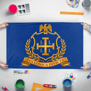 A mockup of the custom flag '4L flag' held up on a table during print checking