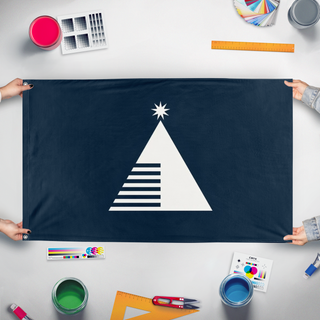 A mockup of the custom flag 'Cognoscenti flag' held up on a table during print checking