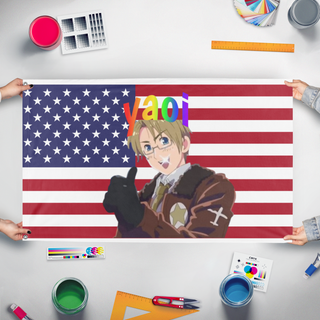 A mockup of the custom flag 'yaoimerica 2.0 flag' held up on a table during print checking
