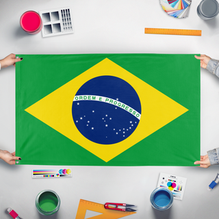 A mockup of the custom flag 'test flag' held up on a table during print checking