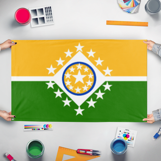 A mockup of the custom flag 'Kansas flag redesign' held up on a table during print checking