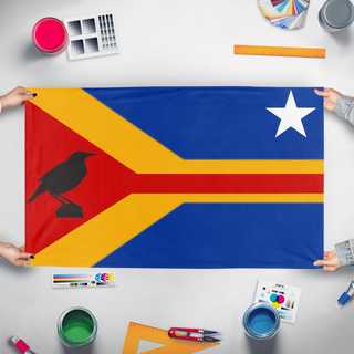 A mockup of the custom flag 'Nebraska flag redesign' held up on a table during print checking