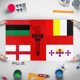 A mockup of the custom flag 'south flag' held up on a table during print checking