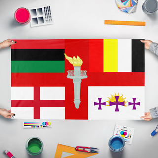 A mockup of the custom flag 'south flag' held up on a table during print checking