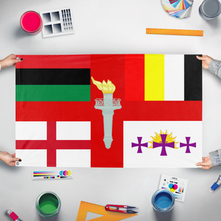 A mockup of the custom flag 'smaller torch flag' held up on a table during print checking