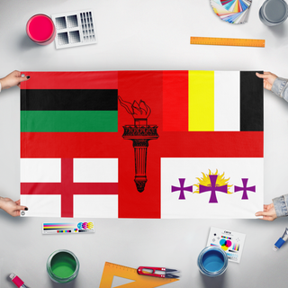 A mockup of the custom flag 'see through torce flag' held up on a table during print checking