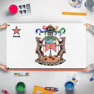 A mockup of the custom flag 'CCC Crew 28 Official flag' held up on a table during print checking