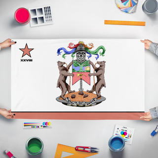 A mockup of the custom flag 'CCC Crew 28 Flag Official 1' held up on a table during print checking