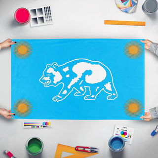 A mockup of the custom flag 'C flag' held up on a table during print checking