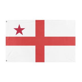 A mockup of the custom flag 'T flag' held up on a table during print checking