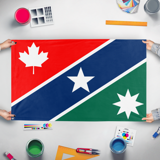 A mockup of the custom flag 'North America Flag' held up on a table during print checking