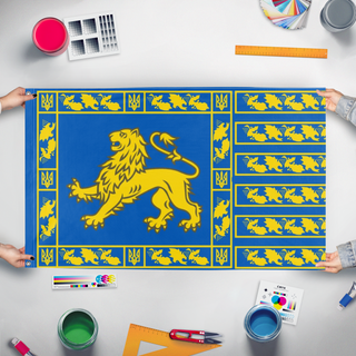 A mockup of the custom flag 'Flag of Ukraine in the style of Venice' held up on a table during print checking