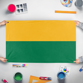 A mockup of the custom flag 'Chernarus Defense Forces flag' held up on a table during print checking