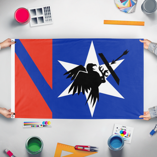 A mockup of the custom flag 'Scratia flag' held up on a table during print checking