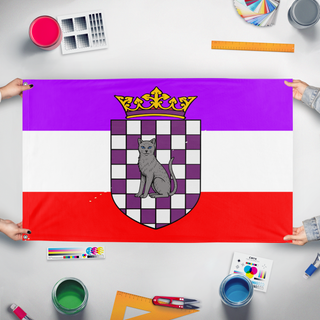 A mockup of the custom flag 'United Duchies of Jasonia flag' held up on a table during print checking