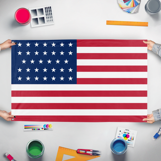 A mockup of the custom flag '34 Star U.S  flag' held up on a table during print checking