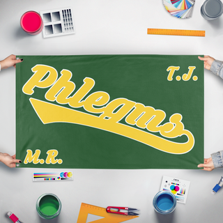 A mockup of the custom flag 'Phlegms flag' held up on a table during print checking