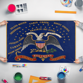 A mockup of the custom flag '1st Colored Regiment flag' held up on a table during print checking