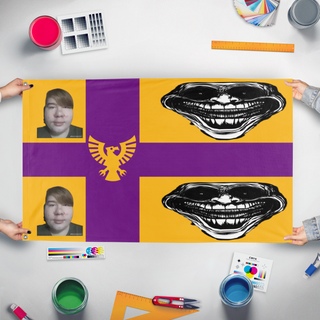 A mockup of the custom flag 'MANGOPHONK flag' held up on a table during print checking