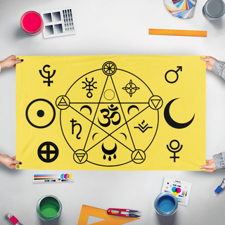A mockup of the custom flag 'Spring of Fortune flag' held up on a table during print checking